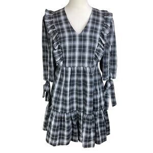 Day + Moon S NWT Black Plaid Ruffle Accents 3/4 Sleeve V-Neck Lined Mini Dress